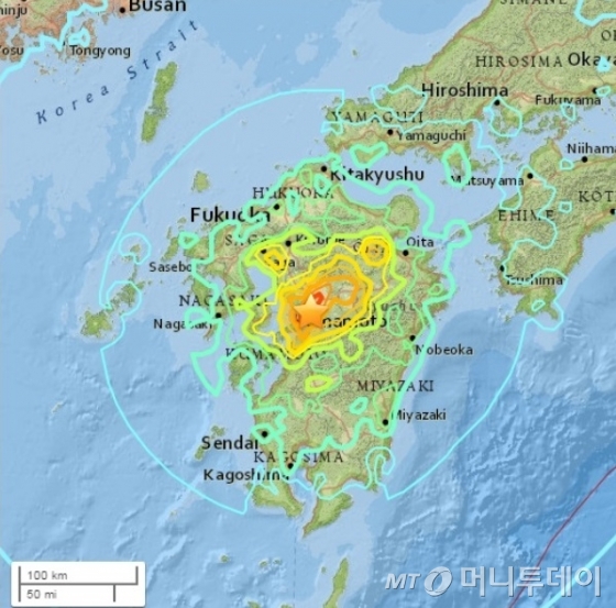 일본 규슈 구마모토현에서 16일 규모 7.3의 강진이 발생했다. 지진 진원지는 북위 32.8도, 동경 130.8도이며 깊이 12㎞ 지점으로 추정된다. /사진=미국 지질조사국(USGS) 홈페이지