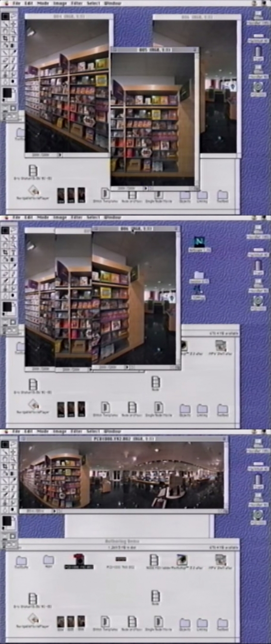1995년 애플이 맥월드에서 발표한 퀵타임VR 데모. 여러장의 사진을 하나로 이어붙이는 작업을 시현한 모습./사진=유튜브