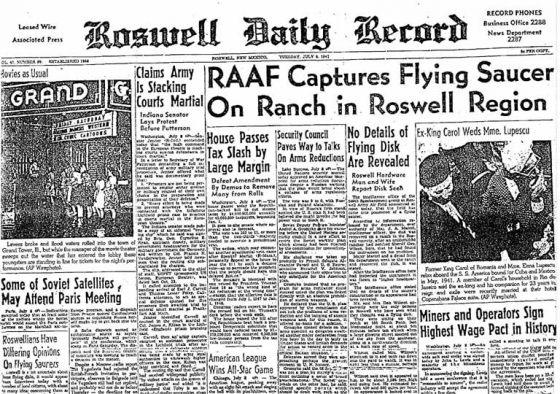 1947년 7월 8일자 로즈웰 데일리 레코드에 실린 로즈웰 사건 보도./사진=위키피디아