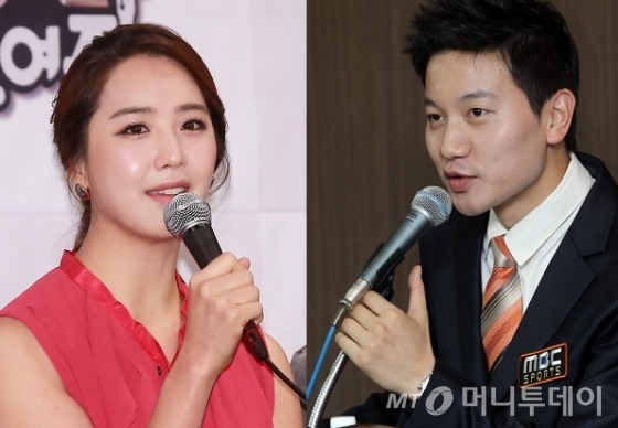 방송인 이지애(왼쪽)와 MBC 김정근 아나운서가 결혼 6년 만에 임신 사실을 공개했다. /사진=뉴스1, 머니투데이DB<br>
