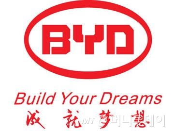 비야디(BYD) 로고. "너의 꿈을 이룬다"는 영문 로고가 인상적이다. 