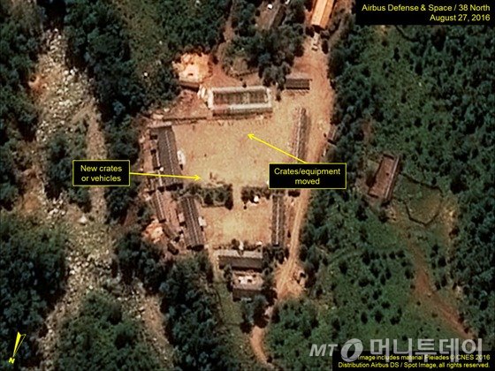  북한 조선중앙방송은 9일 오전 함경북도 길주군 풍계리 핵실험장에서 5차 핵실험을 성공했다고 밝혔다. 지난 8월 27일 북한 풍계리 핵실험장 주변 위성사진 모습. (38노스) 2016.9.9/뉴스1   