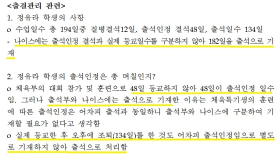 정유라씨의 1학년 담임을 맡았던 김모 교사의 진술 내용. 김 교사는 정씨가 오후에 조퇴한 날도 모두 출석으로 처리했다고 밝혔다. 
