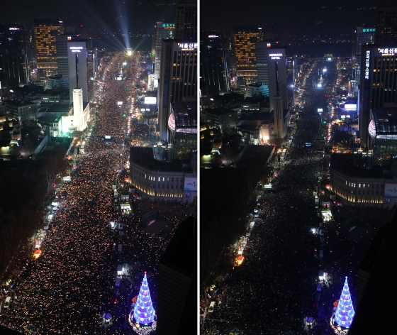 3일 저녁 서울 도심 일대를 가득 메운 촛불 시위대가 저녁 7시 정각 '1분 소등 퍼포먼스'에 따라서 일제히 불을 끈 뒤(사진 오른쪽) 1분 후에 다시 촛불을 켜고 있다. /사진=뉴스1