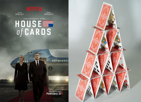 지난해 공개된 '하우스 오브 카드' 시즌3의 포스터(왼쪽)와 카드로 만든 집./사진=넷플릭스·픽사베이