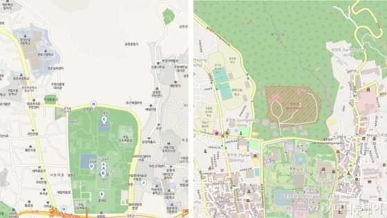 청와대 위치를 가린 네이버 지도(왼쪽)와 청와대 내 주요 건물 위치까지 표시된 오픈스트리트맵(오른쪽)./사진=각 지도 캡처