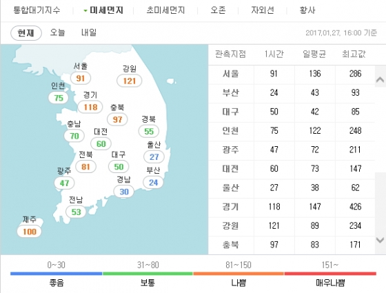 1월 27일 오후 4시 기준 미세먼지 대기오염정보. / 자료=네이버