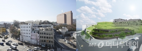 현재의 다산성곽길(왼쪽사진) 입구와 전통호텔 건립 후 조감도 모습. 사진제공=호텔신라.  