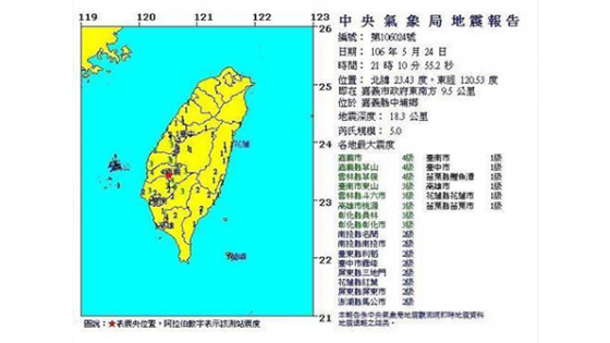 24일 저녁 대만 자이에서 5차례 지진이 발생했다./사진=대만중앙기상국 캡처<br>