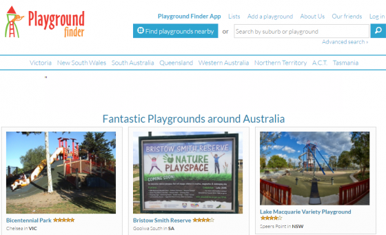호주 내 실외놀이터를 소개하는 웹사이트 '플레이그라운드 파인더'(Playground Finder). 동네에서 가장 가까운 놀이터는 어디인지 찾아볼 수 있다. 사용자들의 평가, 체험기 등도 제공된다. /사진=플레이그라운드 파인더 캡처