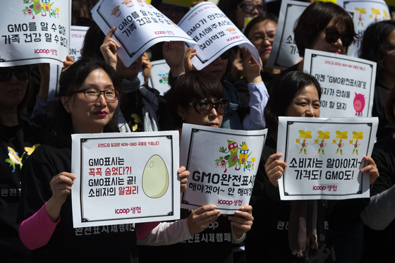 지난 4월12일 오전 서울 광화문 광장에서 열린 '모든 축산 Non-GMO 곡물로 키우기' 선포식에 참석한 자연드림 조합원들이 손피켓을 들고 있다./ 사진=뉴스1