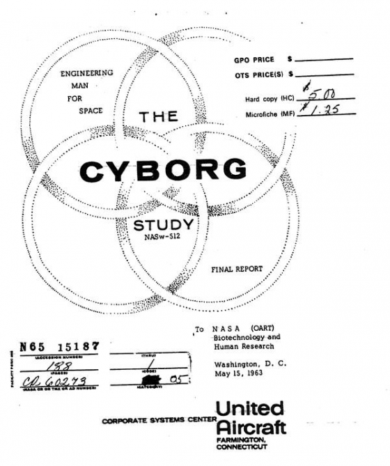 그림3. 사이보그에 대한 나사의 1963년 보고서 표지. 사이보그 연구가 원으로 나타내지는 여러 학문들의 교차점에 존재한다는 것을 보여주고 있다.