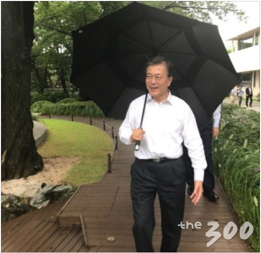문재인 대통령이 우산을 쓰고 청와대 경내를 산책하는 모습/청와대 제공(2017.8.11)