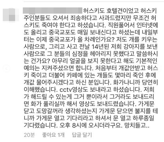애견호텔 측이 SNS에 남긴 댓글 /사진=인스타그램