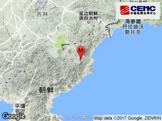 23일 중국 지진대방(CENC)이 탐지한 북한의 지진 발생 지점. /사진=CENC