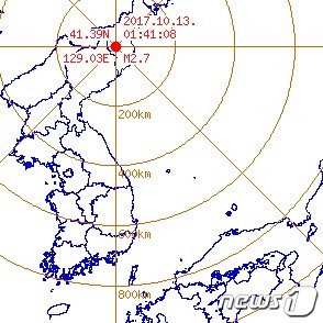 13일 새벽 1시41분쯤 규모 2.7 지진이 발생한 북한 함경북도 길주 북북서쪽 54km 지역/사진제공=뉴스1