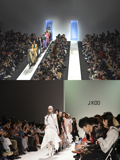 '2018 10소울'로 선정된 '푸시버튼'(PUSHBUTTON)(위)과 '제이쿠'(J KOO)의 패션쇼 피날레 무대 모습