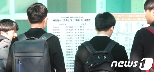 2018학년도 대학수학능력시험 예비소집일인 15일 오후 제27지구 제4시험장인 대전 구봉고등학교를 찾은 수험생들이 시험장을 확인하고 있다. /사진=뉴스1