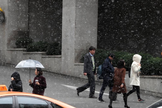 서울 중구 서소문에서 시민들이 눈발을 피해<br>
 발걸음을 재촉하고 있다.