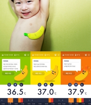 (위쪽부터) 아기체온계 피몬 모델 부착 사진과 어플 화면/사진제공= 라이프사이언스테크놀로지
