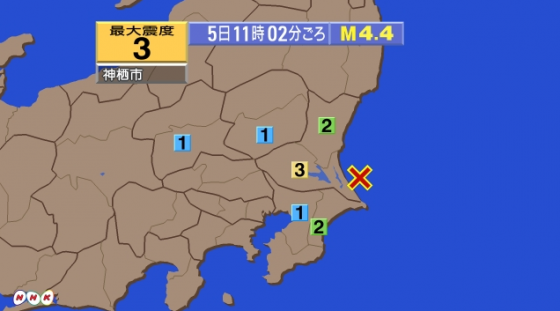 5일 오전 11시 2분께 일본 이바라키현 앞바다에서 발생한 지진 소식을 전하는 NHK 방송 화면 갈무리. 