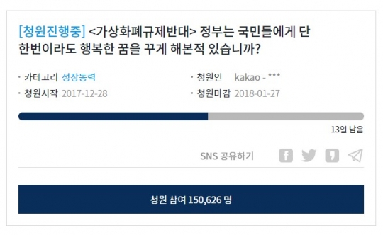 가상화폐 규제반대 '靑 청원' 참여인원 15만 돌파