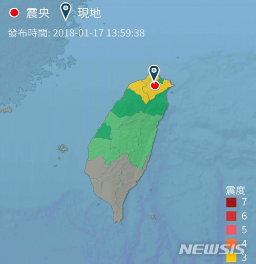 대만 기상청이 17일 제공한 지진 발생 지역 지도./사진=뉴시스