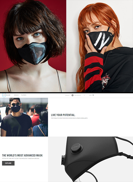 (상단 왼쪽) 프레카 마스크 착용 모습 (상단 오른쪽)프레카 노나곤 콜라보레이션 이미지, (하단)에어리넘 홈페이지/사진=프레카 제공, 에어리넘