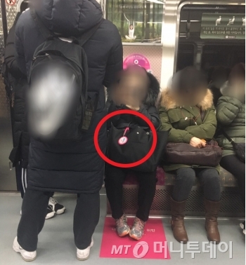 지난 4일 저녁 서울 지하철 5호선 전동차 내에 있는 핑크색 '임산부 배려석'에 한 임산부가 앉아서 쉬고 있다. 가방에 핑크색 임산부 배지가 달려 있다./사진=남형도 기자