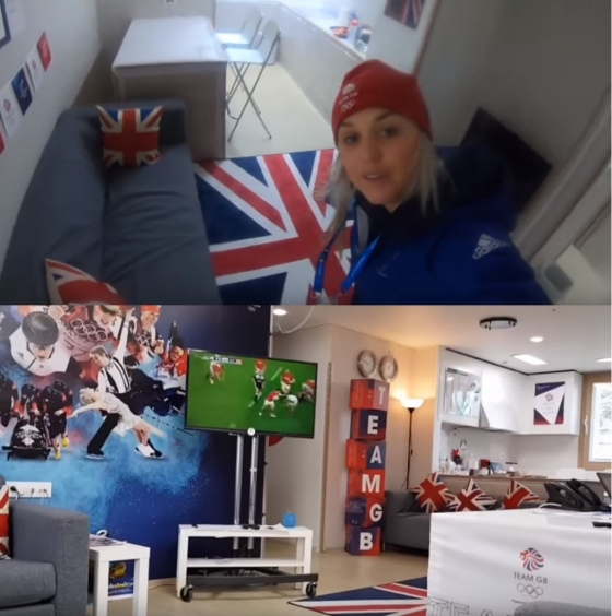 영국 국기를 모티브로 만들어진 쿠션과 러그를 소개하는 에이미 풀러(위) ,로완 체셔가 공개한 영국팀의 방/사진=에이비풀러 유튜브, 로완 체셔 유튜브