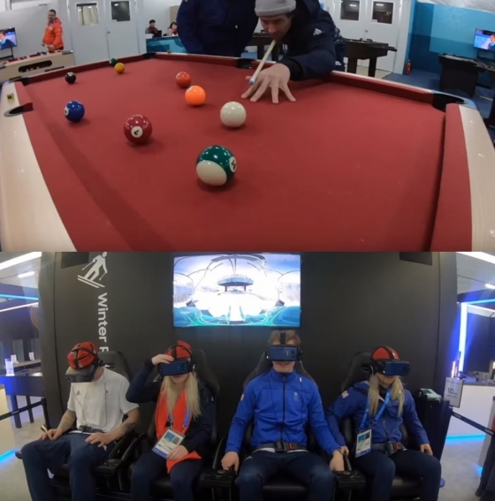 선수들이 당구 경기를 즐기는 모습, VR 체험을 하는 선수들/사진=에이미 풀러 유튜브