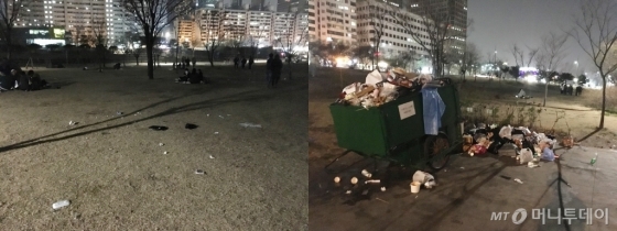 지난달 30일 밤 10시 찾은 서울 여의도 한강공원에 쓰레기들이 널려 있다. 쓰레기에 들어 있는 오물들이 흘러나와 악취가 진동했다. /사진= 유승목 기자