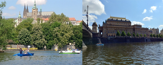 블타바 강에서 바라본 프라하 성의 모습(왼쪽)과 체코 국립음악당 전경.