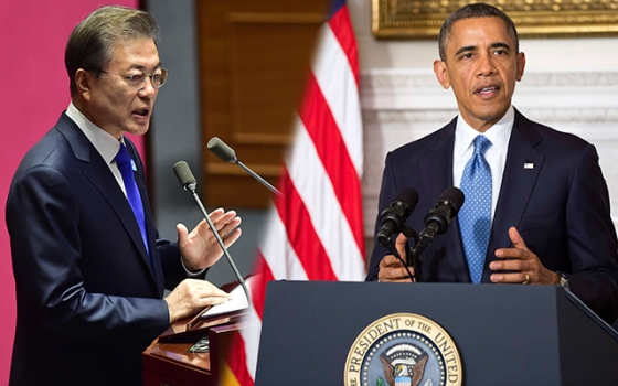 문재인 대통령(왼쪽)과 버락 오바마 전 미국 대통령의 연설 모습. /사진=머니투데이DB