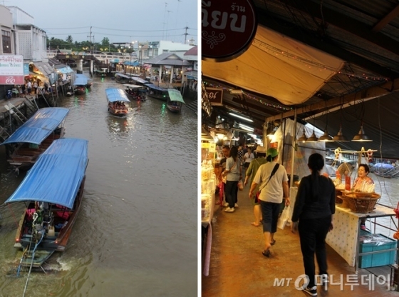 태국 방콕시 인근 암파와 수상시장은 주말(금~일) 야시장으로 운영된다. 강변을 따라 태국 전통 목조 가옥이 잘 보존된 것이 특징이다. 배를 타고 이동하면서 물건을 살 수 있고(왼쪽), 강변을 따라 상점을 이용할 수 있도 있다.(오른쪽)  /사진=진달래 기자