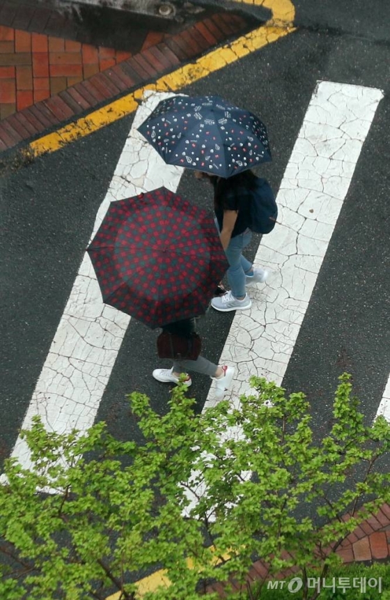 서울 중구 덕수궁 돌담길에 시민들이 우산을 쓴 채 발걸음을 옮기고 있다./사진=김휘선 기자