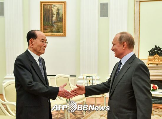 김영남 북한 최고인민회의 상임위원장(왼쪽)과 블라디미르 푸틴 러시아 대통령이 지난 14일 만나 악수를 하고 있다./AFPBBNews=뉴스1