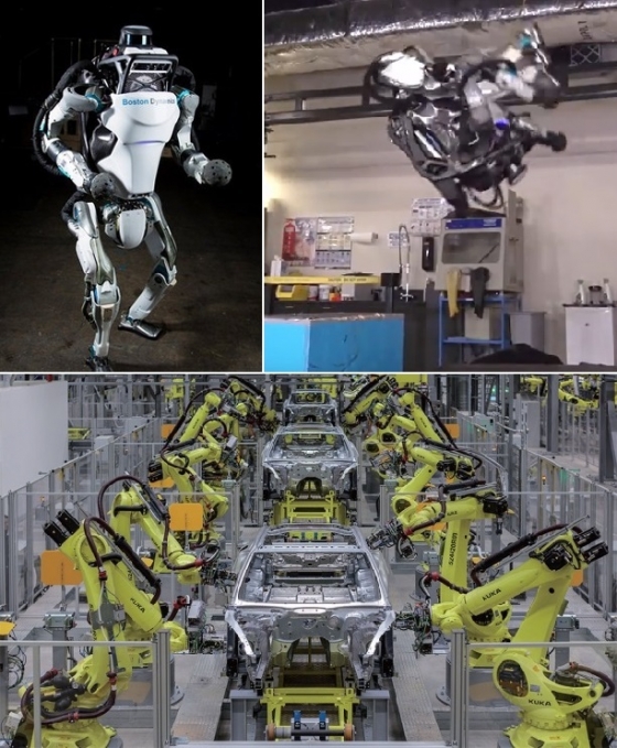 (위쪽 사진)일본 소프트뱅크가 구글로부터 인수한 보스턴다이나믹스가 개발한 인간형 로봇 '아틀라스'. 이족보행과 점프는 물론, 공중제비(백덤블링·오른쪽 사진)에 성공해 세상을 놀래켰다. 제원은 신장 150㎝, 무게 75㎏. /유튜브 동영상 캡쳐<br>
<br>
(아래쪽 사진)포르쉐의 생산거점인 독일 라이프치히 공장에선 대부분의 공정을 조립로봇이 담당한다 조립로봇을 만든 독일의 100년 로봇제조사 '쿠카'는 지난해 중국 가전업체 메이디그룹에 인수됐다. /사진제공=포르쉐