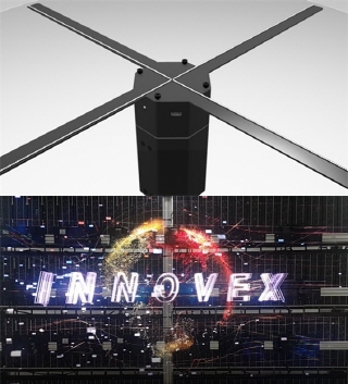 이노벡스의 ‘Wing TV’(上)와 날개의 고속 회전으로 만들어내는 대화면 영상 효과(下)/사진제공=이노벡스