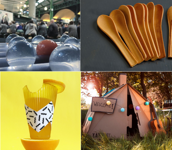 스타트업들이 개발한 친환경 제품들의 모습. 먹는 물병 우호(왼쪽 상단), 베이키스 식용 식기(오른쪽 상단), 롤리웨어 감귤맛 식용컵(왼쪽 하단), 카텐트의 젖지 않는 골판지 텐트./사진=각 스타트업 홈페이지