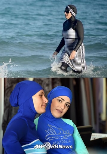 튀니지 해변에서 튀니지 무슬림 여성이 부르키니를 입고 놀고 있다(위), 부르키니 모델 /AFPBBNews=뉴스1
