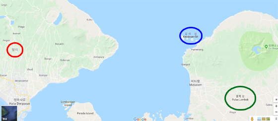 지난 5일 저녁(현지시간) 인도네시아 롬복 섬(사진 속 녹색 원) 북부 린자니 화산 인근에서 규모 6.9 강진이 발생해 인명피해가 발생했다. 롬복 섬은 지난해 방영된 tvN '윤식당' 촬영지로 알려진 길리 섬(파란색 원) 등과 함께 발리 섬(붉은색 원)에 이은 신흥 여행지로 주목받았으나 지난해부터 이어지고 있는 지진, 화산 폭발 등 자연재해로 여행 수요가 침체되고 있다./사진=구글  캡처