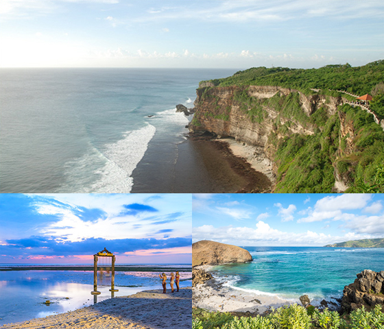 발리 섬(사진 위), 길리 섬(왼쪽 아래), 롬복 섬(오른쪽 아래) 주요 관광지 모습./사진=모두투어 홈페이지