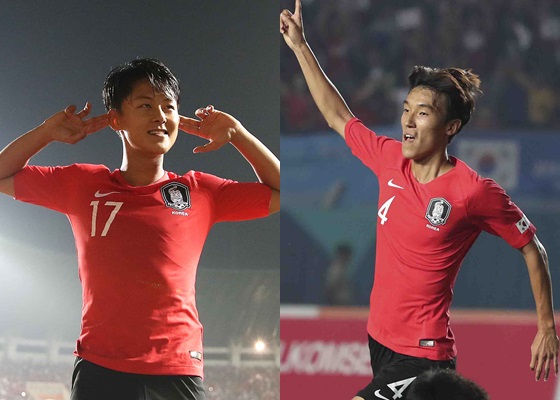 이승우(왼쪽)와 김진야가 폭스스포츠가 선정한 아시안게임 남자 축구 베스트11에 이름을 올렸다./사진=뉴스1