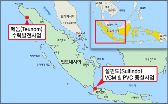 현대엔지니어링이 사업 추진을 위한 업무협약(MOU)을 체결한 인도네시아 소재 설핀도 VCM, PVC 증설 및 떼놈수력발전사업 대상지 위치도. /사진제공=현대엔지니어링