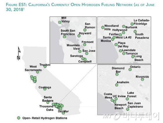 올해 6월 기준 캘리포니아주 내 수소충전소 현황을 보여주는 지도. 현재 주내 총 36곳의 충전소가 운영되고 있으며, 2020년까지 추가로 28곳이 문을 열 예정이다./자료=캘리포니아 대기자원청(CARB·California Air Resource Board)