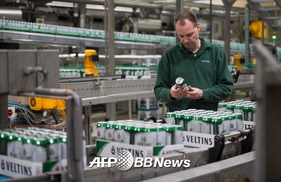 독일 맥주회사 '벨틴스'의 양조장서 한 직원이 제품을 점검하고 있다. /AFPBBNews=뉴스1
