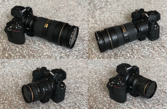 Z7에 FTZ를 이용해 AF 50mm F1.8 렌즈와 AF-S 24-70mm F2.8렌즈를 연결한 모습