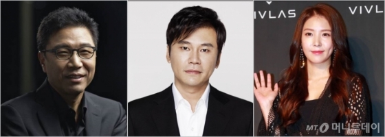 (왼쪽부터)이수만 에스엠 회장, 양현석 와이지엔터테인먼트 대표 프로듀서, 가수 보아(에스엠 소속)