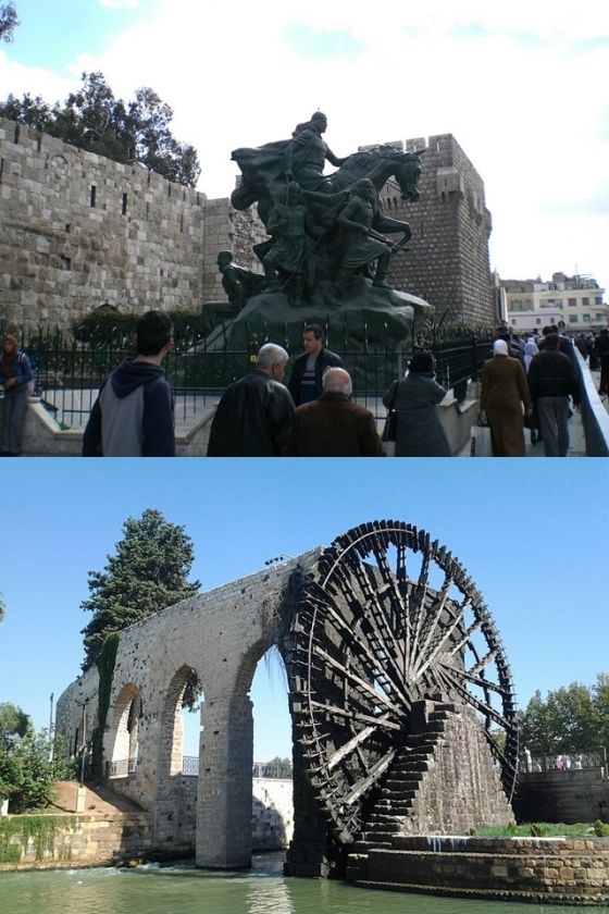 (위)다마스쿠스 광장의 살라딘 동상, (아래)하마의 수차 /사진=위키커먼스